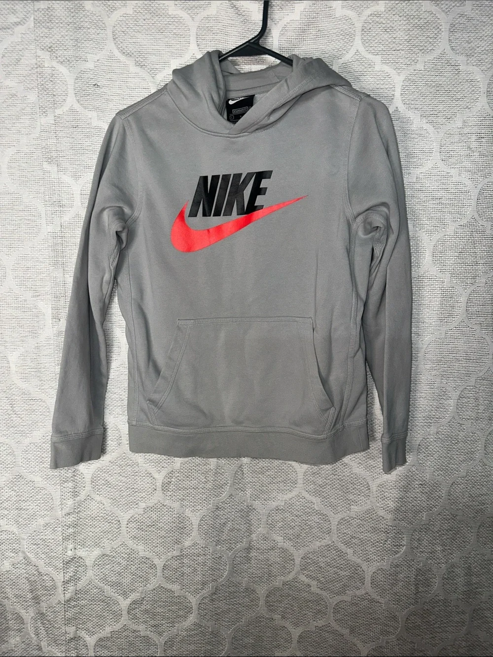 Nike Sportswear Club Fleece Boys Hoodie Size Large L Gray Orange Swoosh Pullover